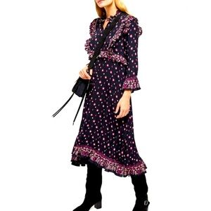 Free People Floral Bohemian Ruffle Navy Blue Flowy Brunch Style Maxi Dress XS